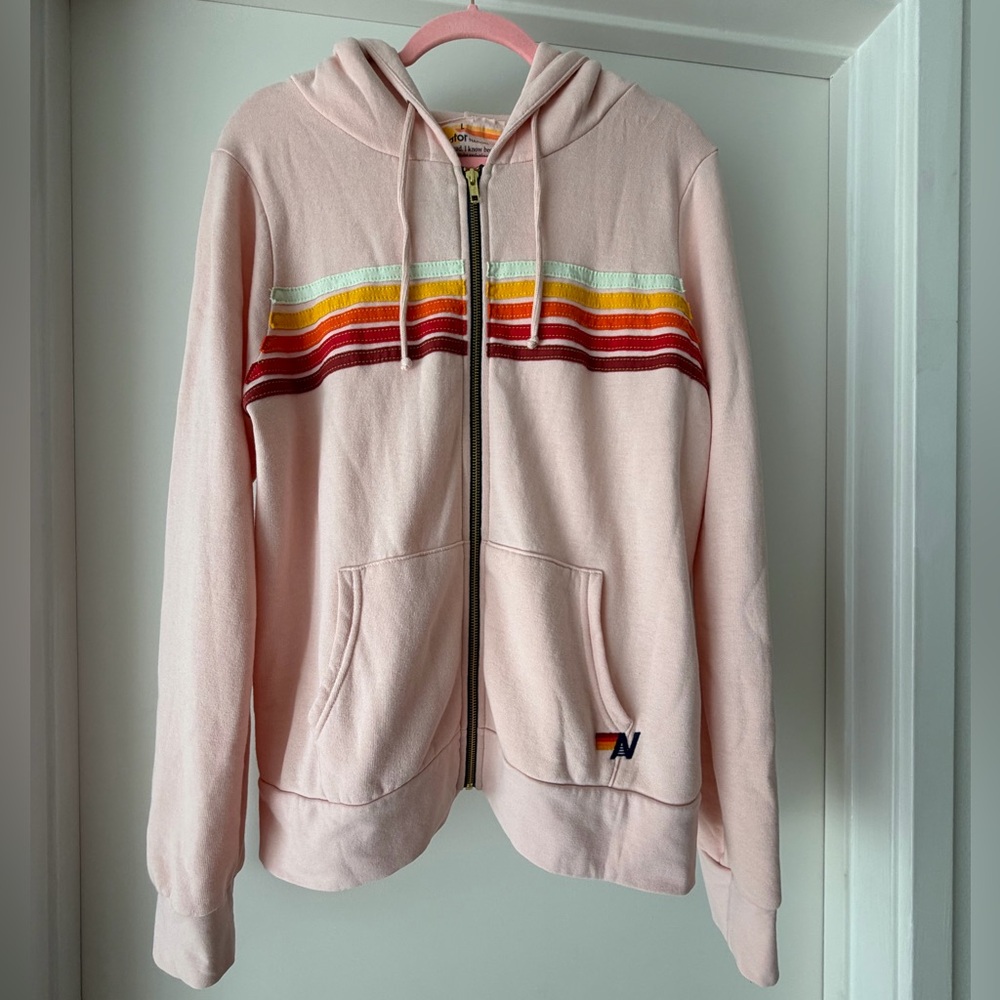 Aviator Nation 5 stripe hoodie light pink rainbow white size L NWOT